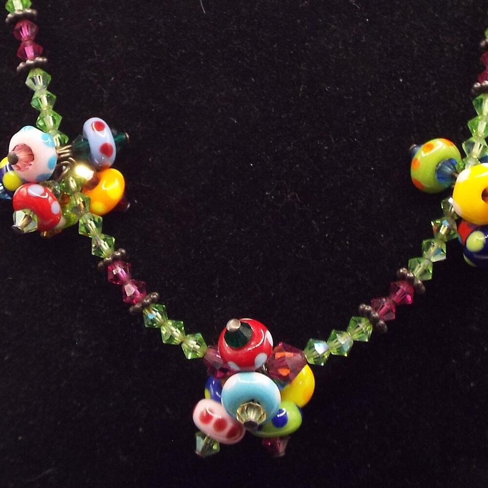 COLORFUL FUN LAMPWORK BEADS ON LIME GREEN AB CRYSTAL 15" CHOKER NECKLACE B1 - Picture 3 of 3